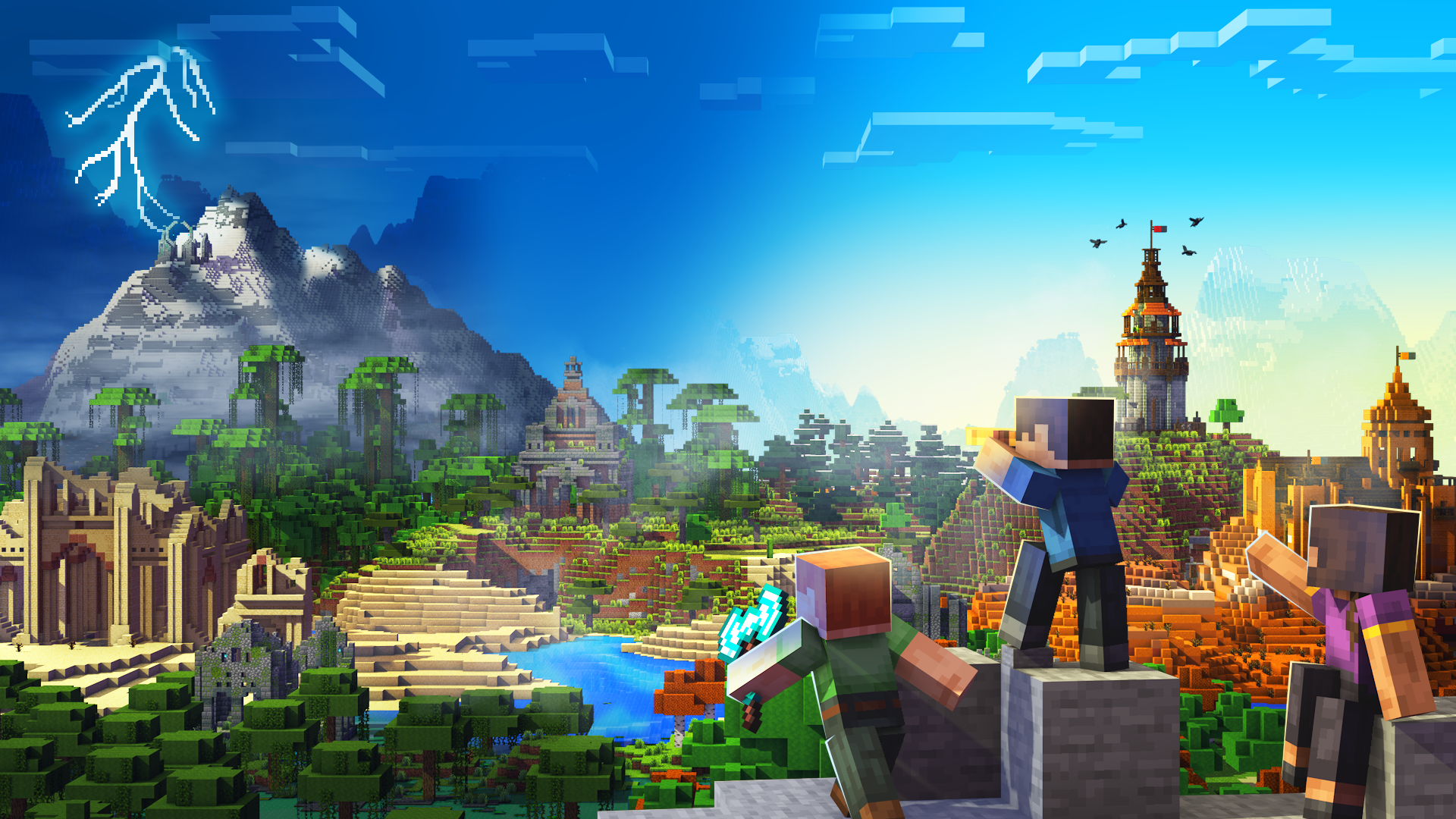 A colorful Core Craft world with mountains, villages, and adventurers